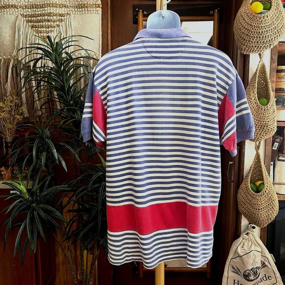 Vintage Rugby Polo Men’s L | 90s Red Blue Stripe Coastal Grandpa Retro Prep - Picture 2 of 8